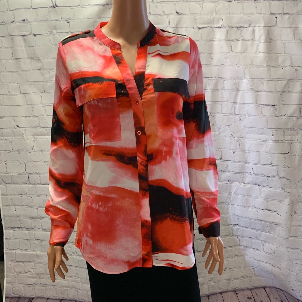Calvin Klein Abstract black & red button down business casual blouse size small